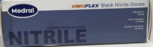 Box packaging for Medral VinciFlex Black Nitrile Gloves. The front shows features such as powder-free, latex-free, single-use, textured fingers, non-sterile, and beaded cuff. The design includes a large oval outline in the center, product name ‘Nitrile Examination Gloves’ in bold at the bottom, and text in multiple languages on the right side. The box states ‘100 gloves by weight, fit either hand’ in the lower left corner.