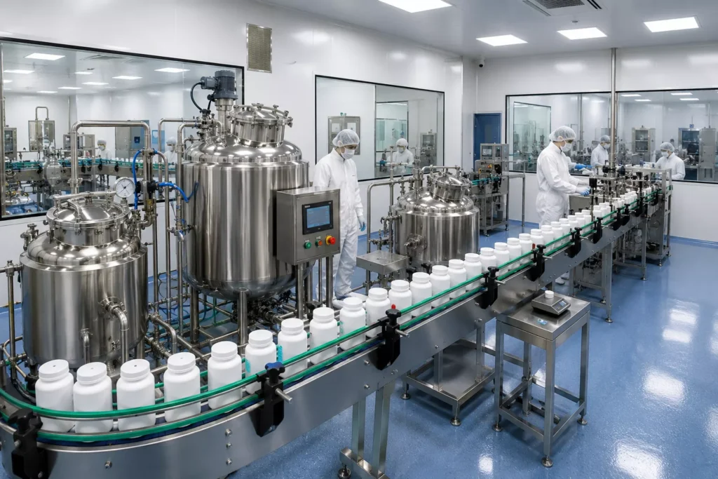 Modern GMP-certified nutraceutical manufacturing facility at Medral Life Sciences in India.