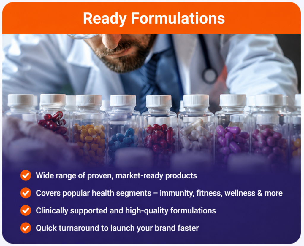 Ready-to-market nutraceutical formulations developed by Medral Life Sciences for private label and third-party manufacturing.